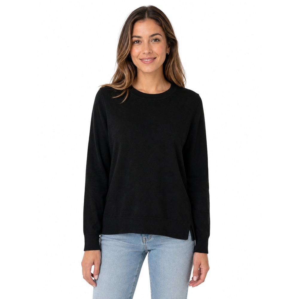 Loft Outlet Black Cotton Crewneck Long Sleeve Sweater Side Slit Hem | Medium
